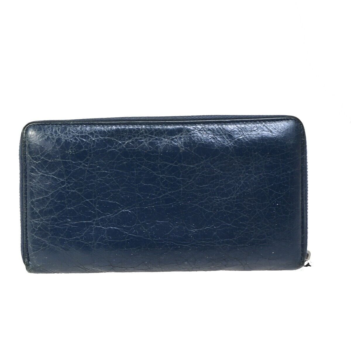 BALENCIAGA Logo Continental Zip Around Long Wallet Purse Leather Navy 09FB095
