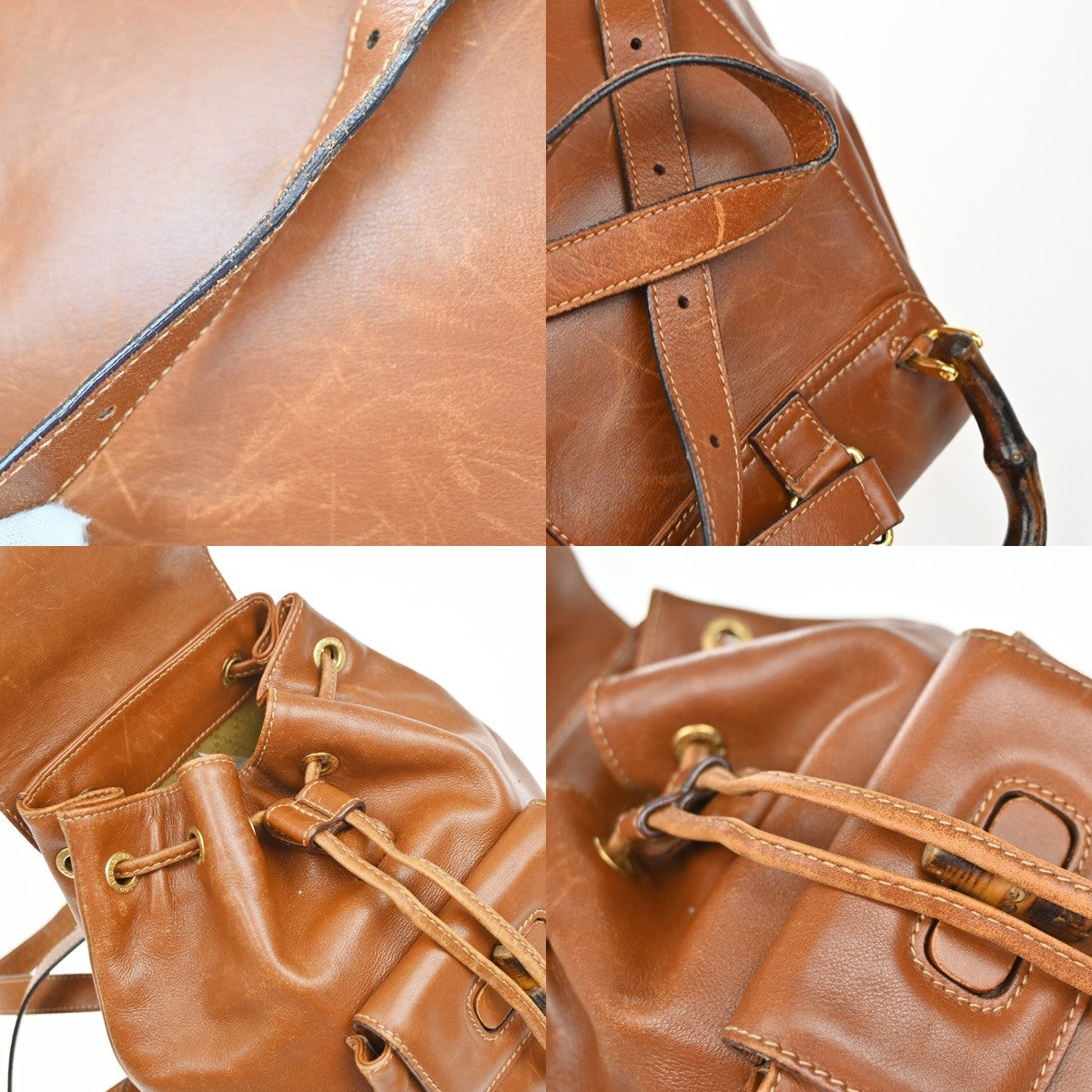 GUCCI Logo Bamboo Drawstring Mini Backpack Bag Leather Brown GHW Italy 64YH955