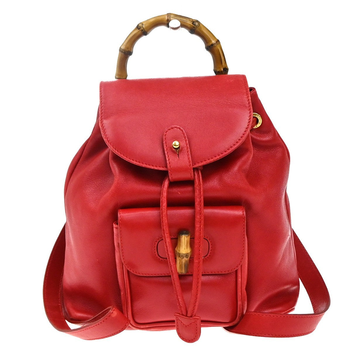 GUCCI Logo Bamboo Drawstring Mini Backpack Bag Leather Red GHW Italy 62EG250