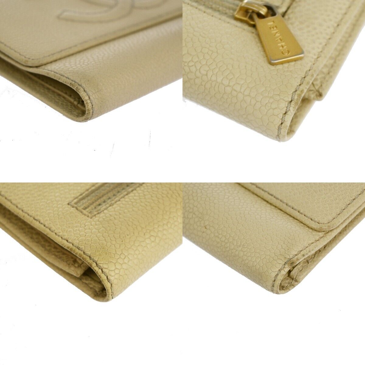 CHANEL CC Logo Trifold Wallet Purse Caviar Skin Leather Ivory Italy 62RJ490