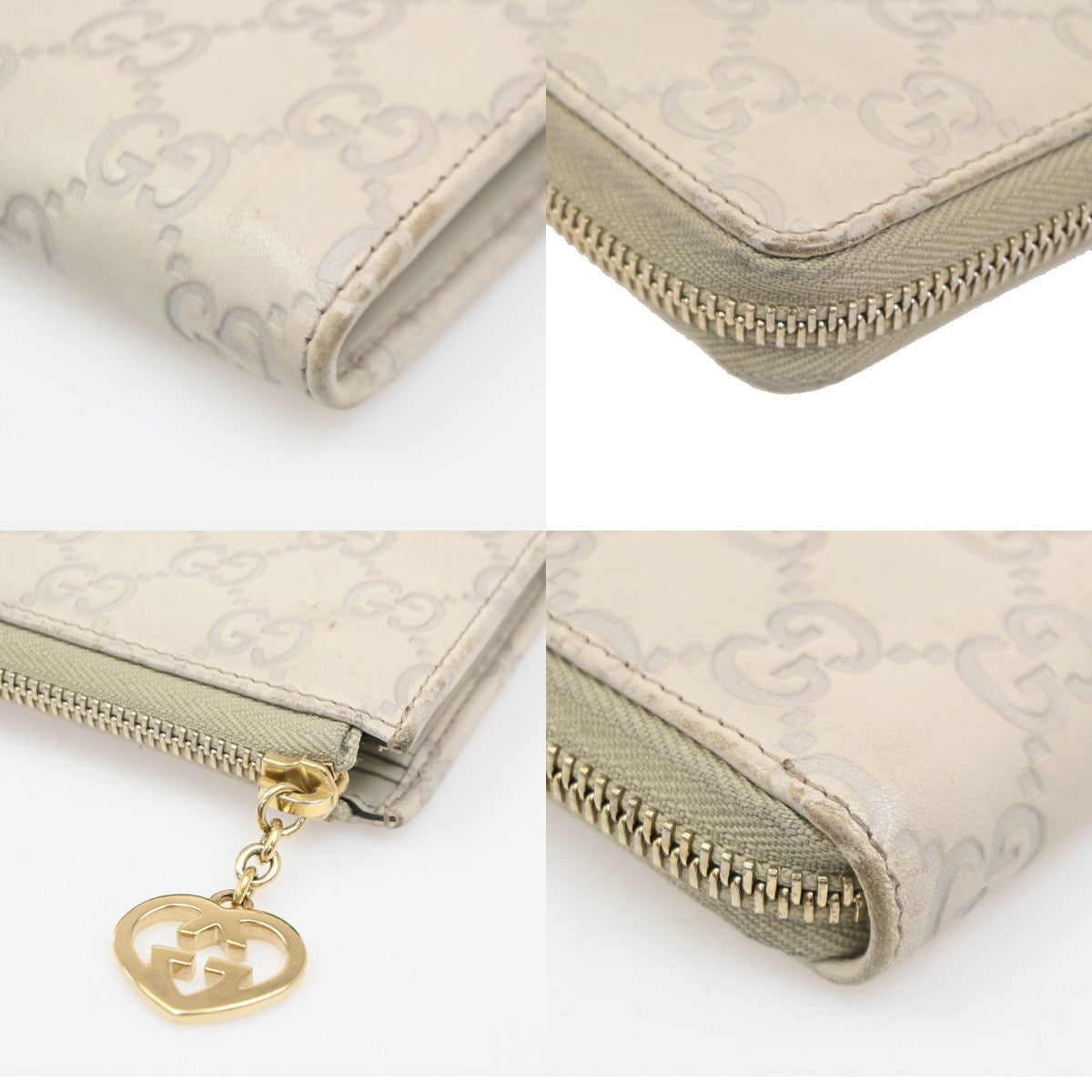 GUCCI Logo Guccissima GG Pattern Heart Long Zipper Wallet Leather Beige 05KC155