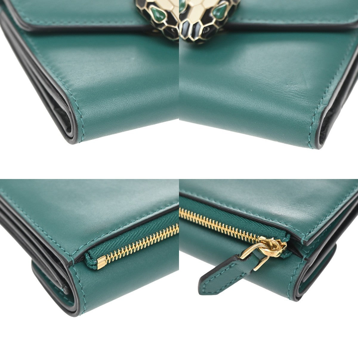 BVLGARI Serpenti Forever Trifold Wallet Leather Green Black snake Italy 39RL447