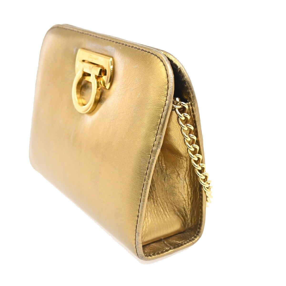 SALVATORE FERRAGAMO Logo Gancini Shoulder Bag Leather Gold GHW Italy 62MA277