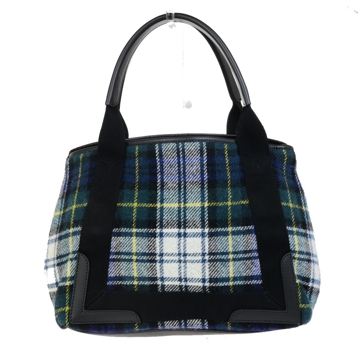 BALENCIAGA Navy Cabas S Hand Tote Bag Check Wool Leatehr Green Black 75KA432