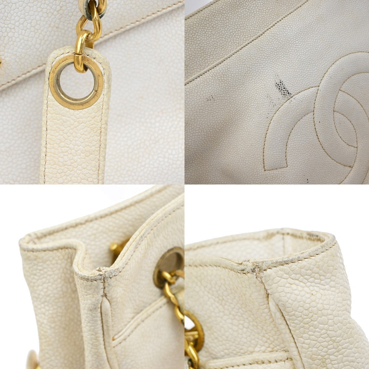 CHANEL CC Shoulder Bag Grained Calfskin Leather White GHW Vintage 12RP179