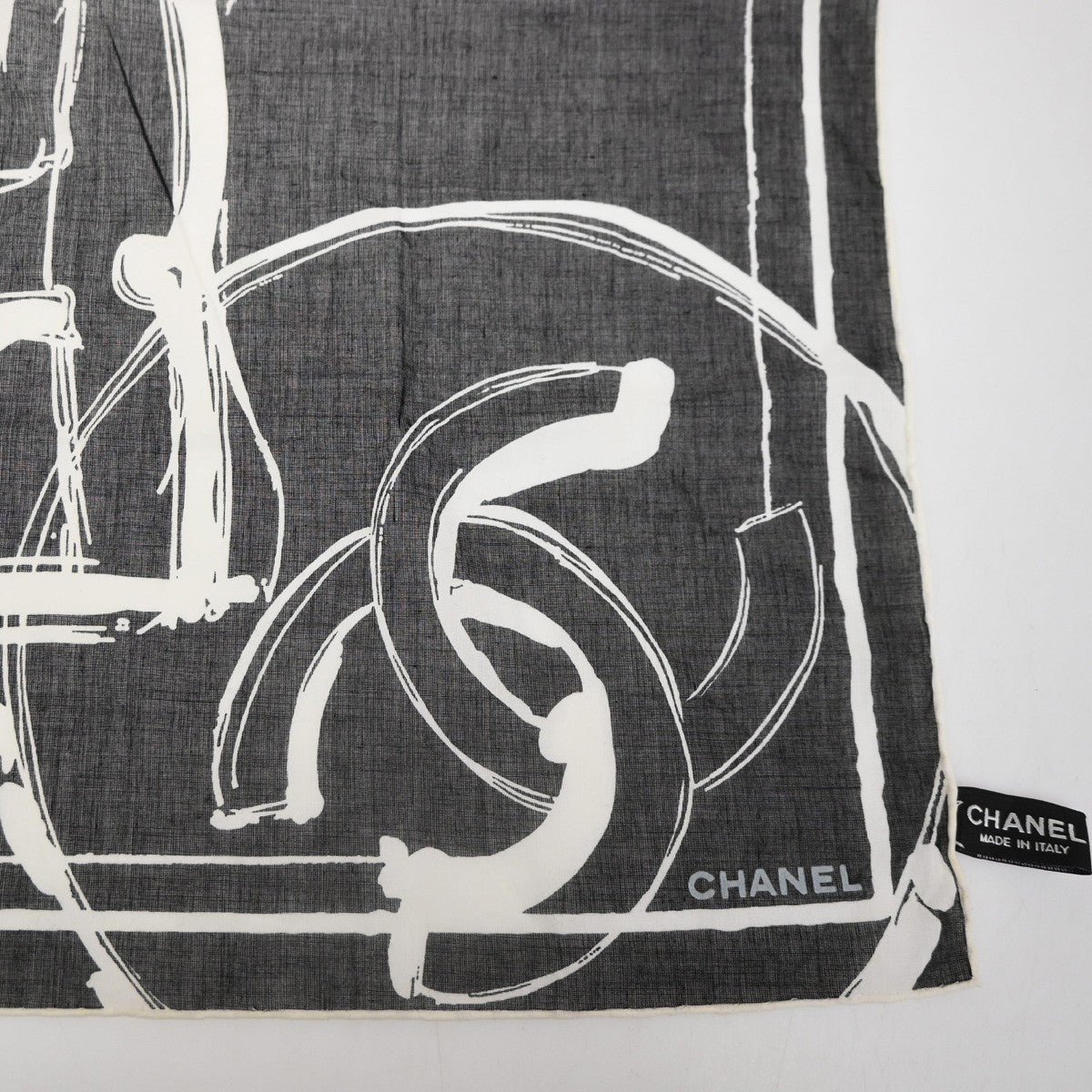CHANEL CC Logo 55 Sketch Scarf Handkerchief 100% Cotton White BK Italy 63RL869