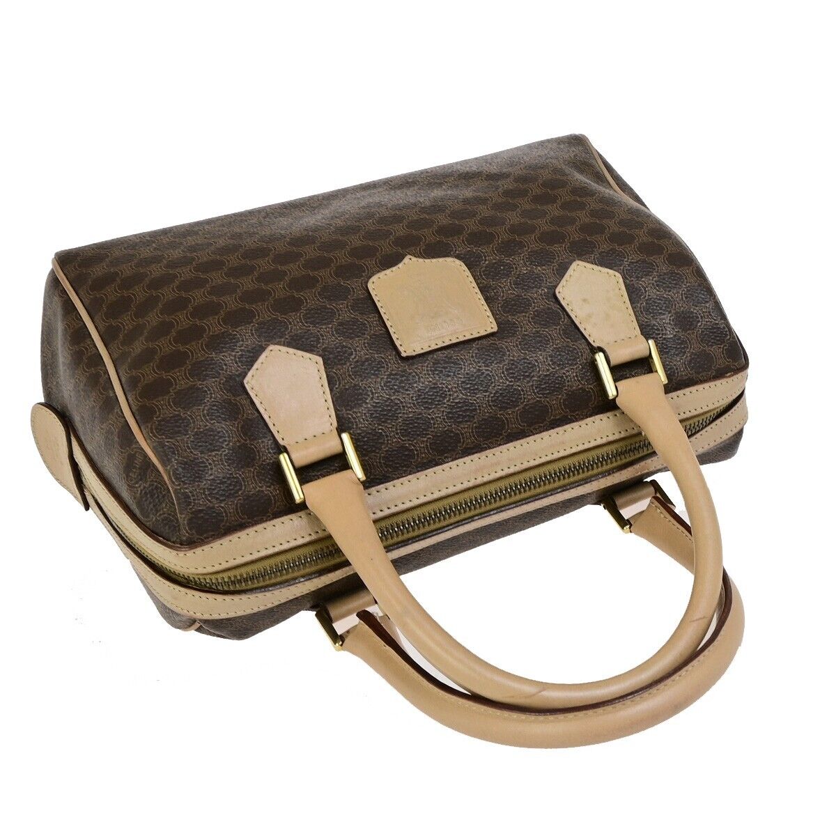 CELINE Logo Macadam Pattern Travel Hand Boston Bag PVC Leather Brown 37FB222
