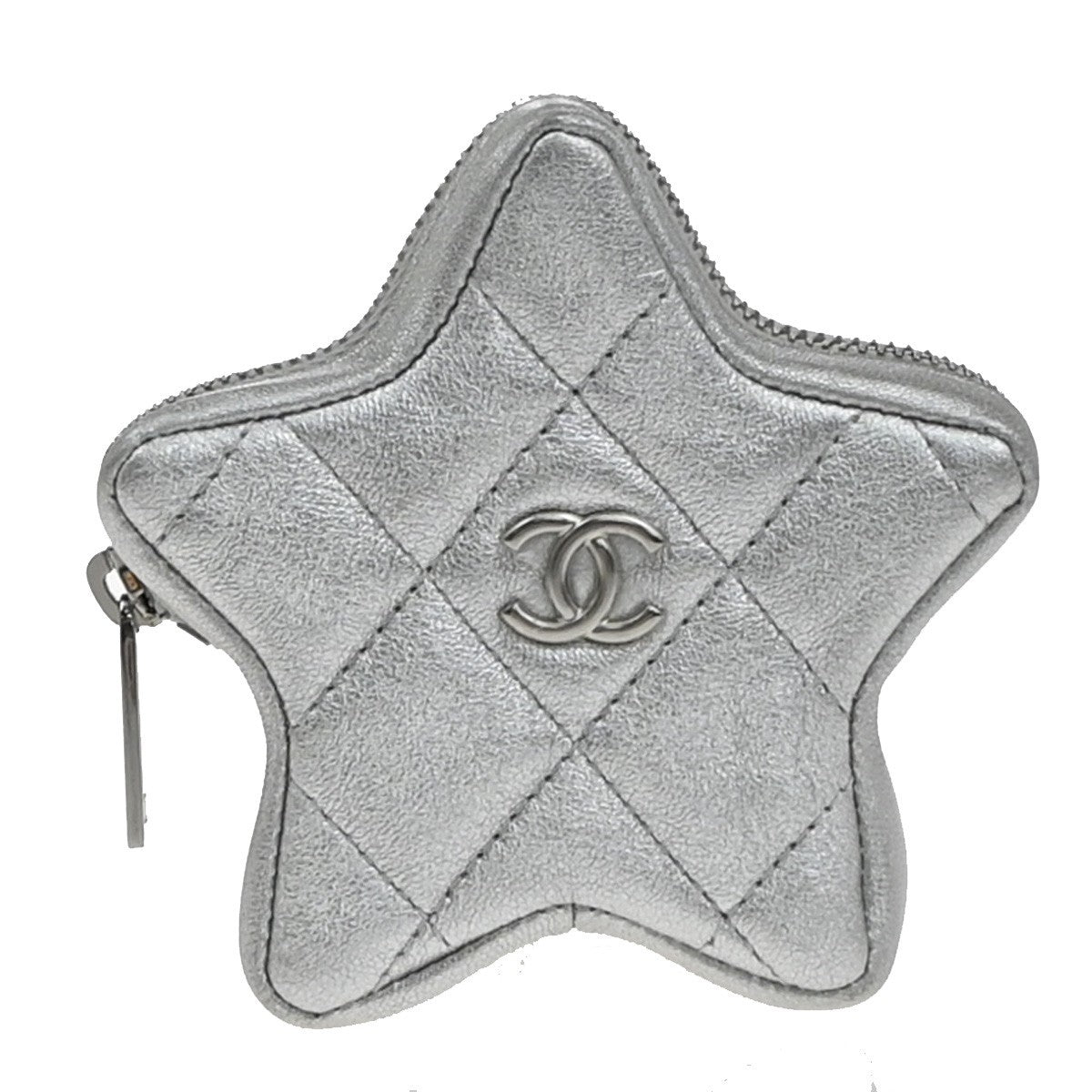 CHANEL CC Logo Matelasse Star Mini Charm Wallet Coin Case Leather Silver 82RF868
