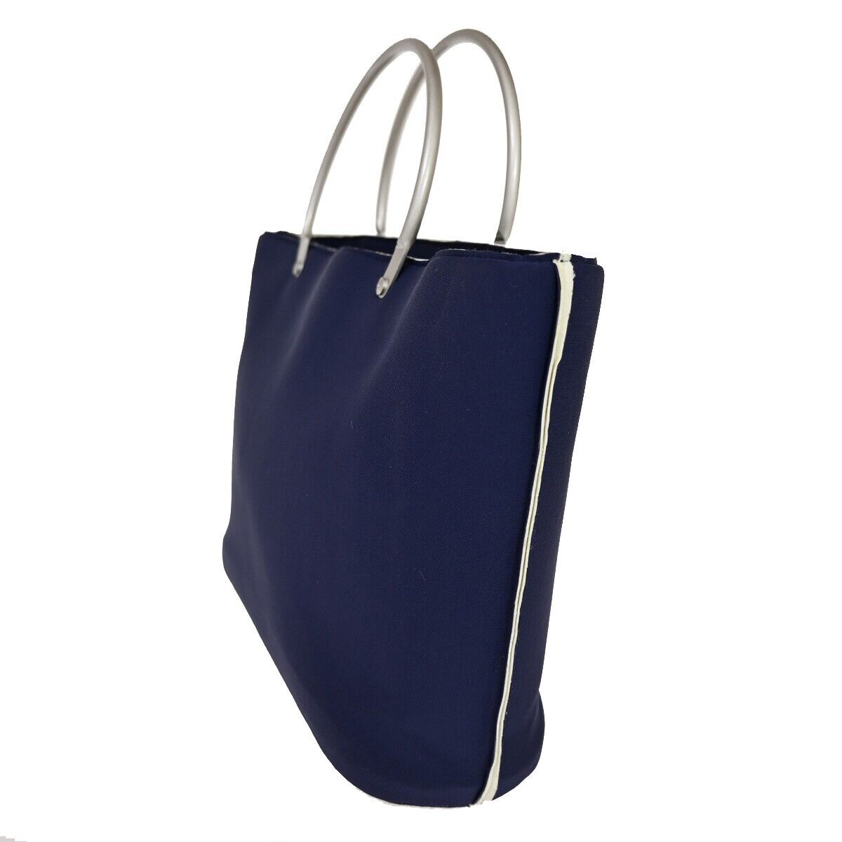 CHANEL CC Logo Metal Handle Hand Tote Bag Nylon Leather Blue Silver 35KA012