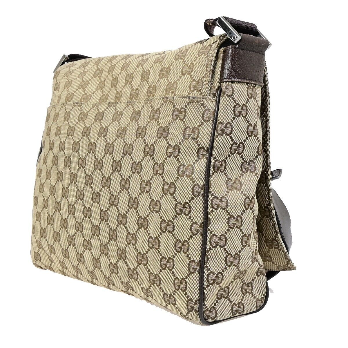 GUCCI Logo GG Pattern Shoulder Bag Canvas Leather Brown Silver Italy 80EB802