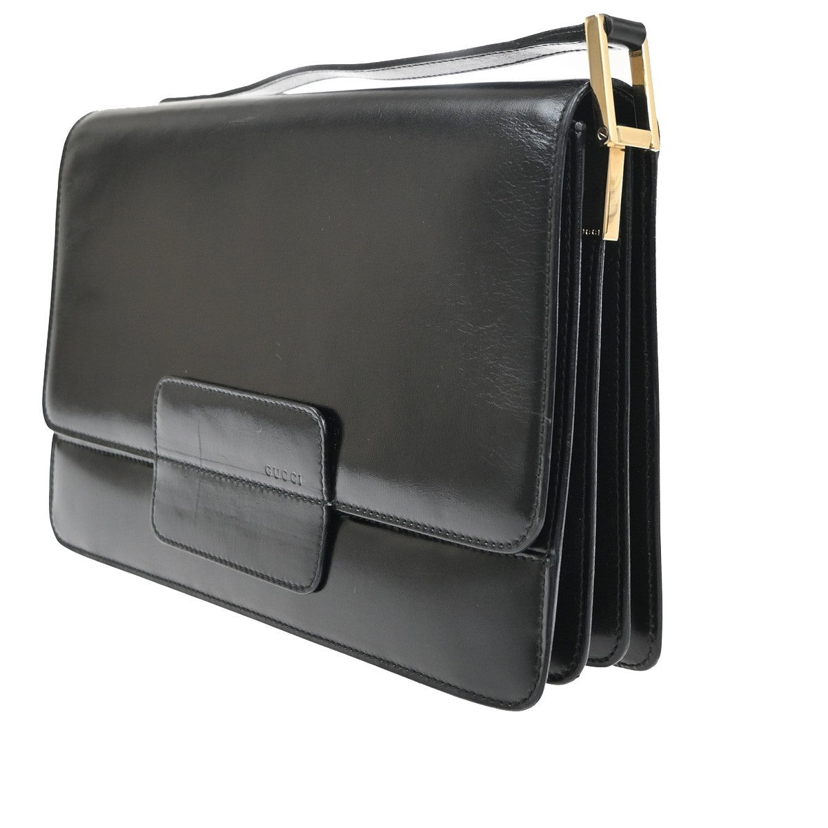 GUCCI LOGO Flap One Shoulder Hand Bag Leather Black GHW Italy 67KD073