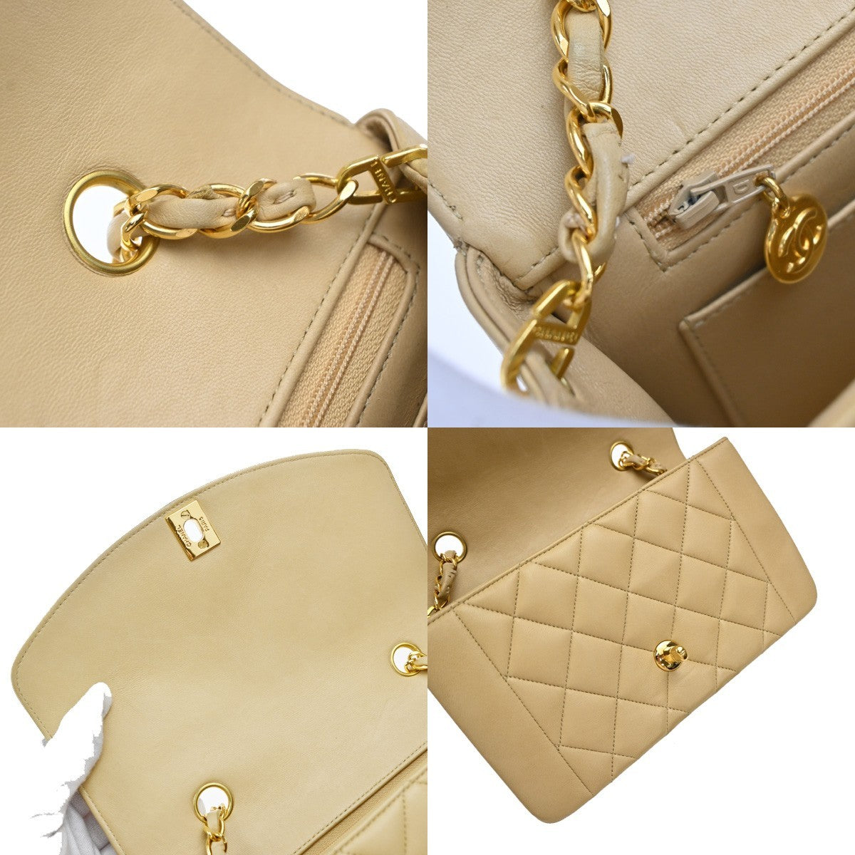 CHANEL CC Diana Matelasse 22 Chain Shoulder Bag Leather Beige Vintage 850RP130