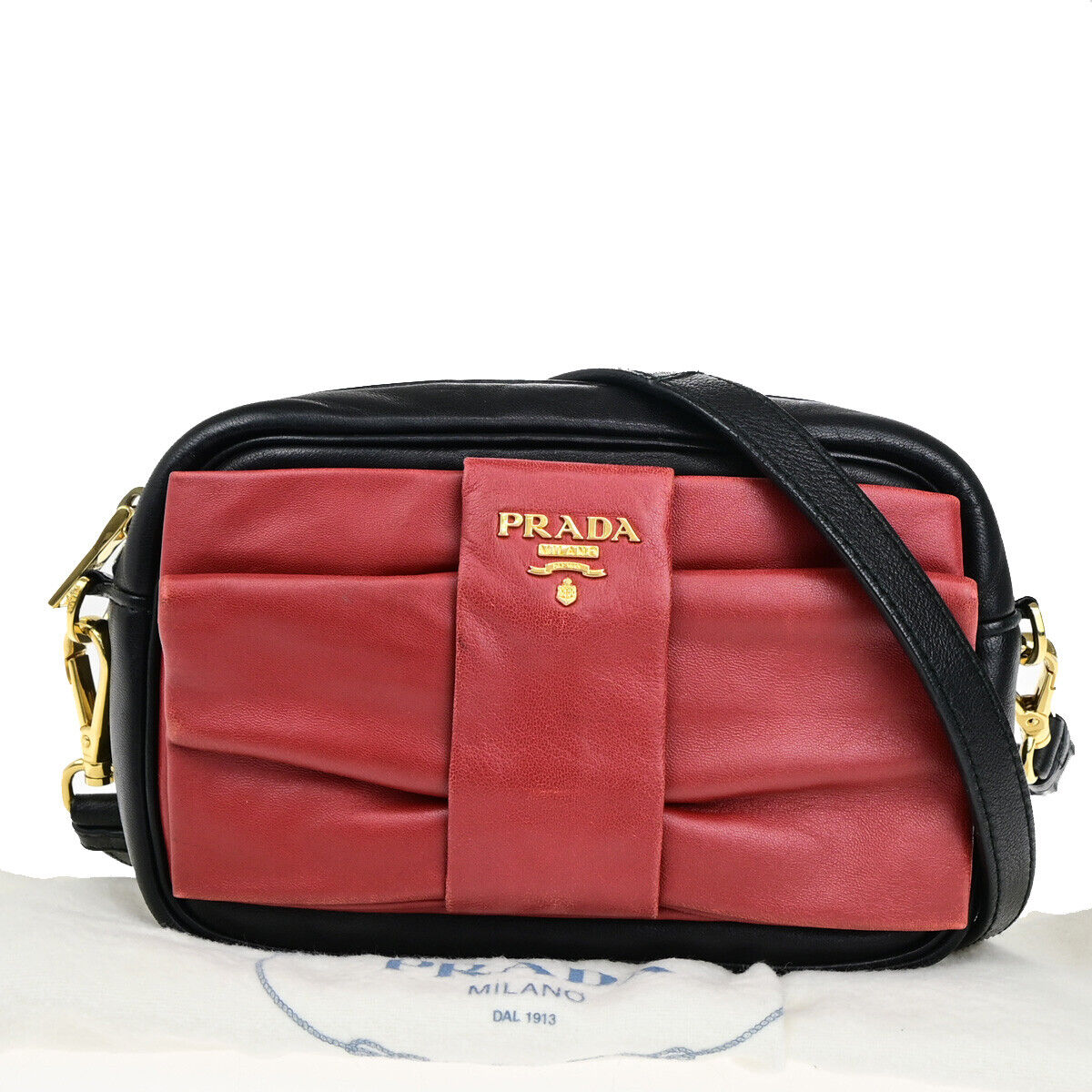 PRADA Logo Fiocco Bow Mini Crossbody Shoulder Bag Leather Black Red GHW 28YG621