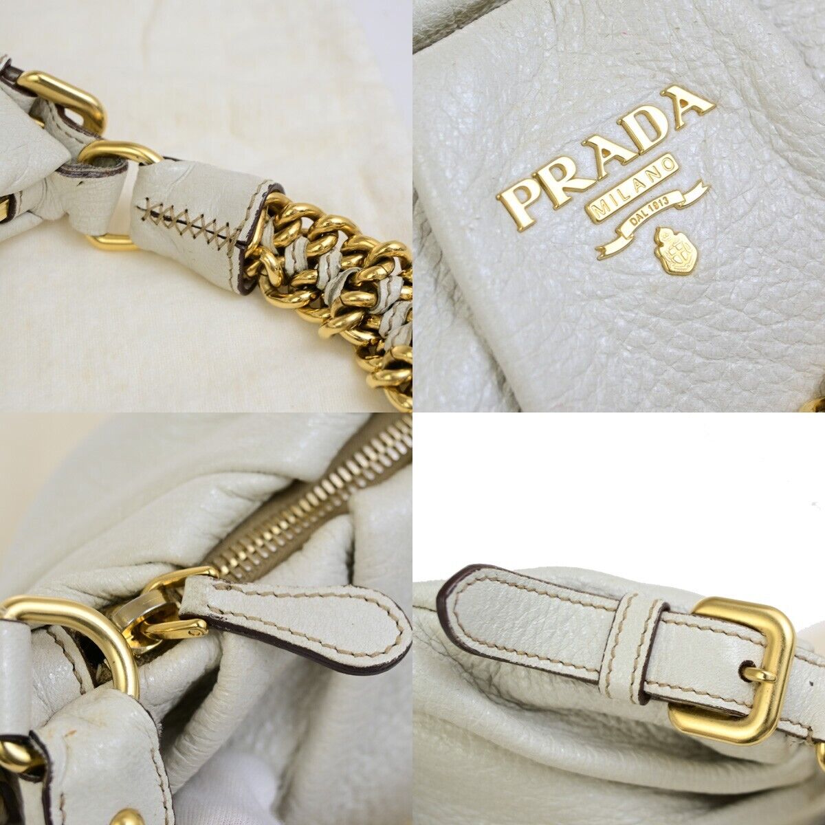 PRADA Logo Cervo Lux Chain Shoulder Hobo Bag Leather White GHW 84FB371