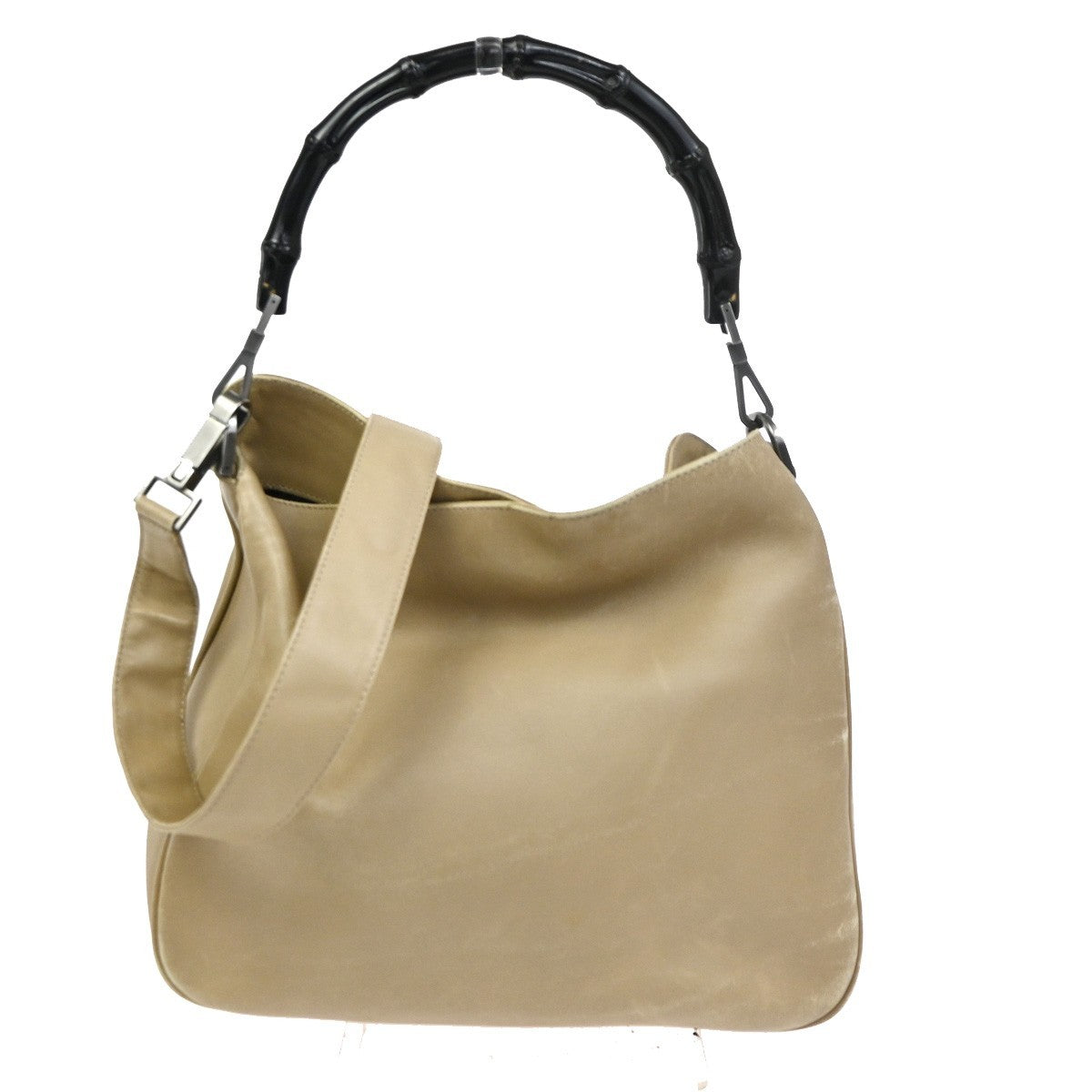 GUCCI Logo Bamboo 2Way Shoulder Hand Bag Leather Beige Italy SHW 68KC961