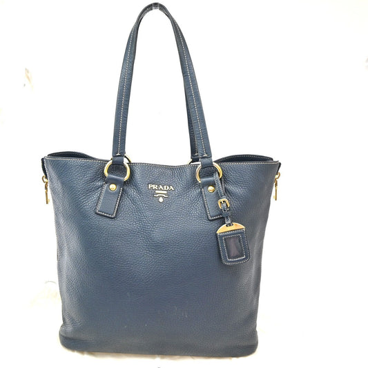 PRADA Logo Side Zipper Shoulder Hand Tote Bag Leather Blue GHW 85KC216