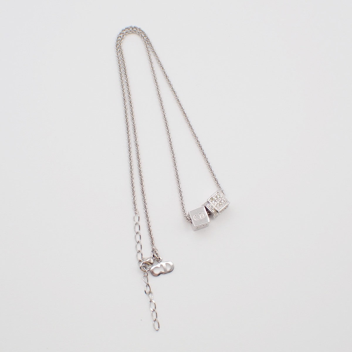 CHRISTIAN DIOR D Logo Dice Charm Necklace Rhinestone Silver Accessory 02KB500