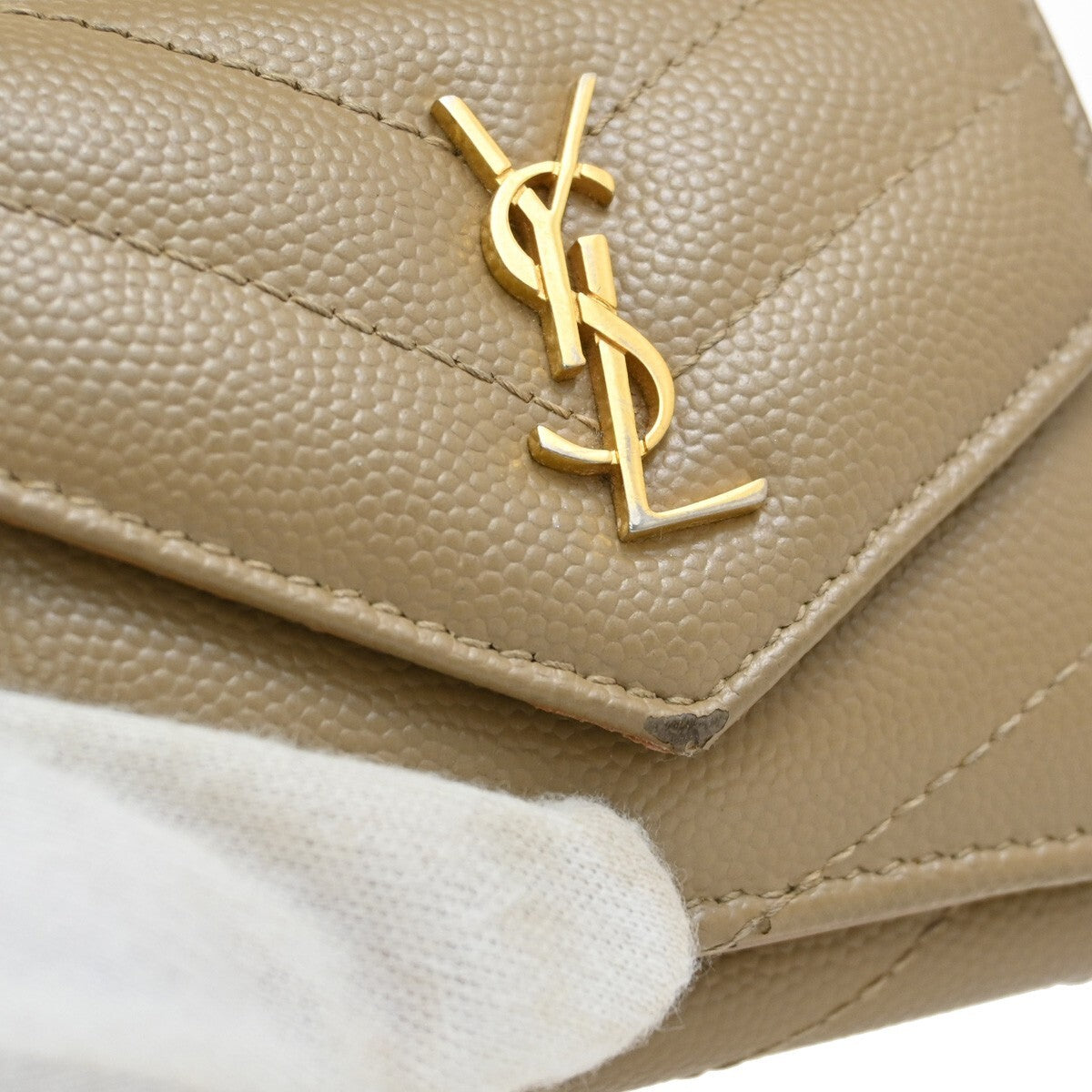 SAINT LAURENT YSL Logo Trifold Compact Wallet Leather Beige Gold Italy 66EE858