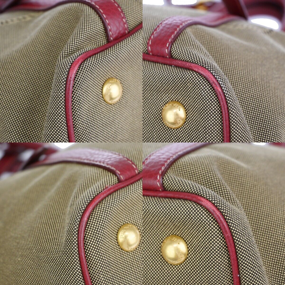 PRADA MILANO Logo 2Way Shoulder Hand Bag Canvas Leather Khaki Bordeaux 79EA813