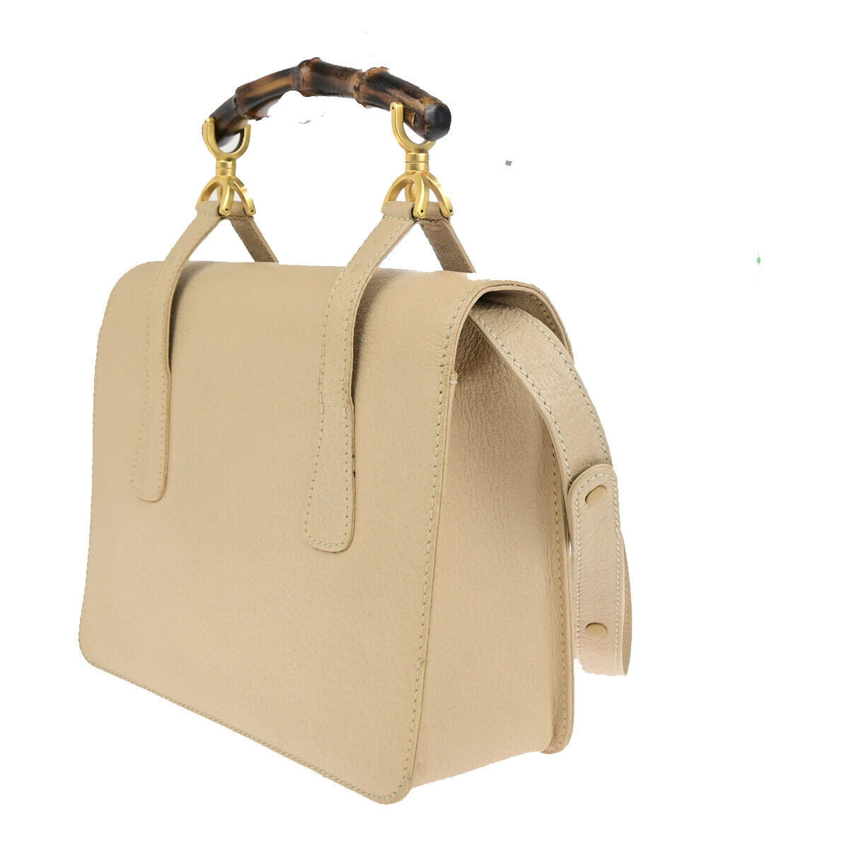 GUCCI Logo Bamboo 2Way Shoulder Hand Bag Leather Beige GHW Italy 95YG616