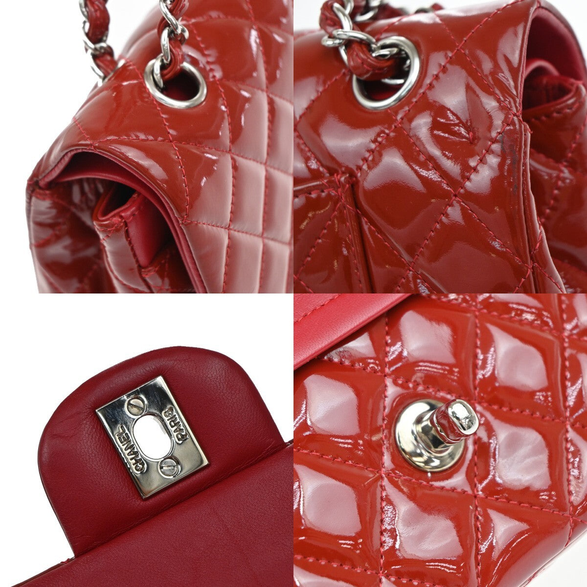 CHANEL Matelasse 25 Double Flap Chain Shoulder Bag Patent Leather Red 339RF259
