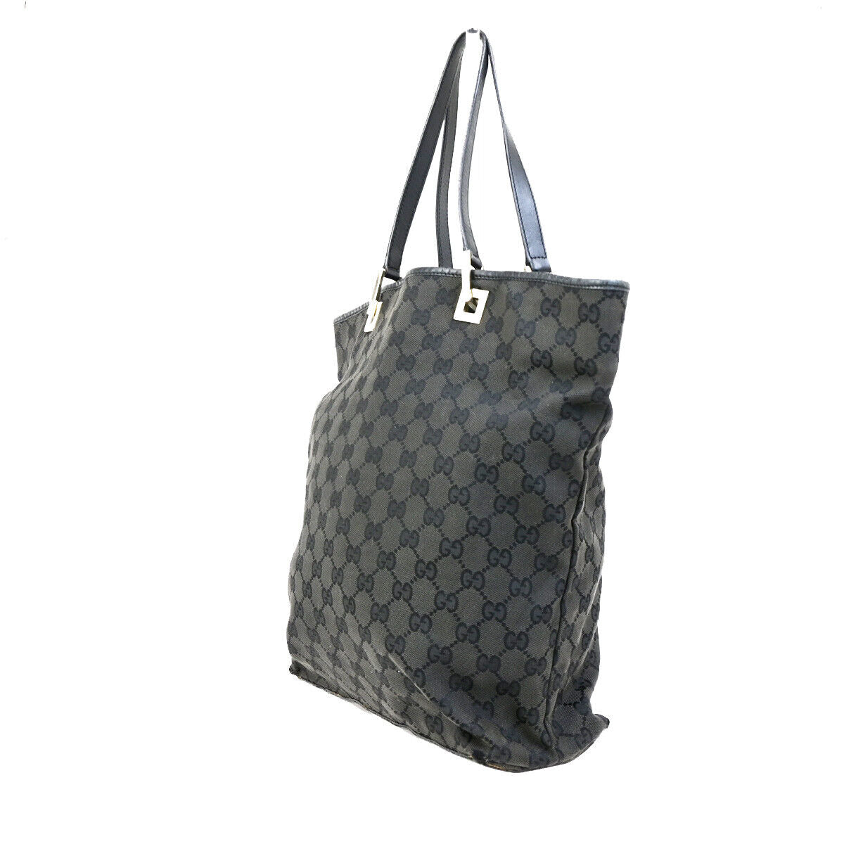 GUCCI Logo GG Pattern Shoulder Tote Bag Canvas Leather Black GHW Italy 09YG536