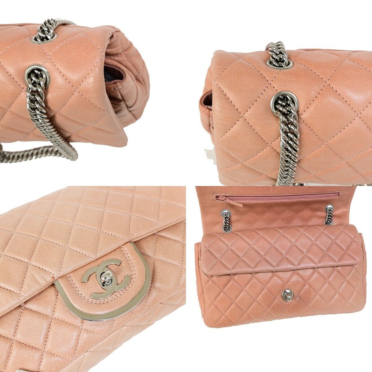 CHANEL CC Matelasse 25 Double Flap Chain Shoulder Bag Leather Pink 373RK146