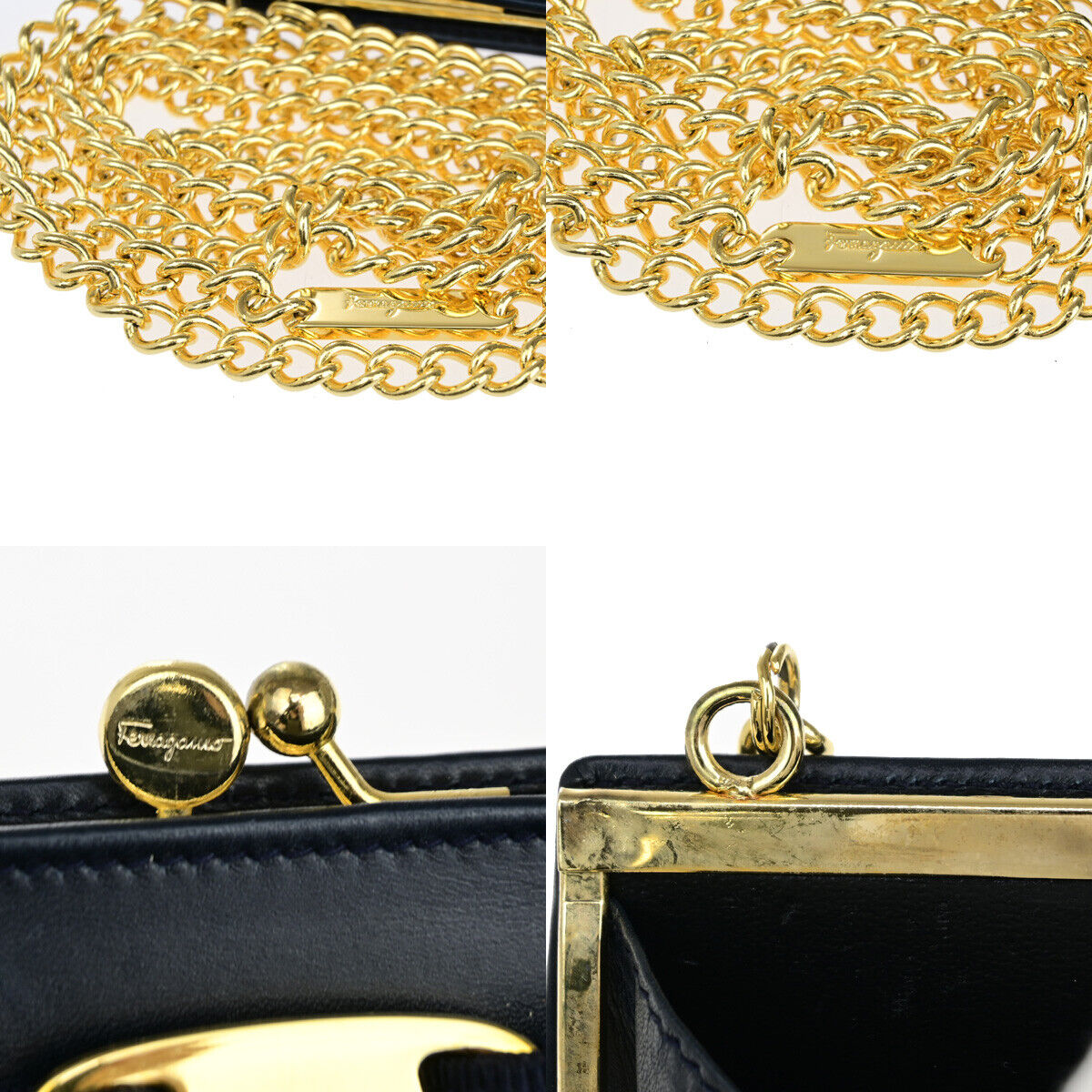 SALVATORE FERRAGAMO Vara Mini Chain Shoulder Bag Leather Navy Blue GHW 69YF494