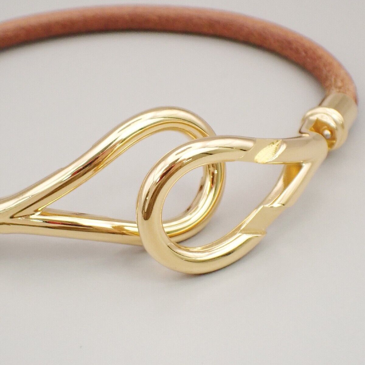HERMES Logo Jumbo Hook Bracelet Leather Brown Gold Accessory 04ED436