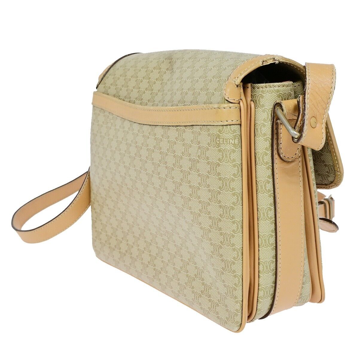 CELINE Logo Macadam Pattern Shoulder Bag PVC Leather Beige Italy 68EB396
