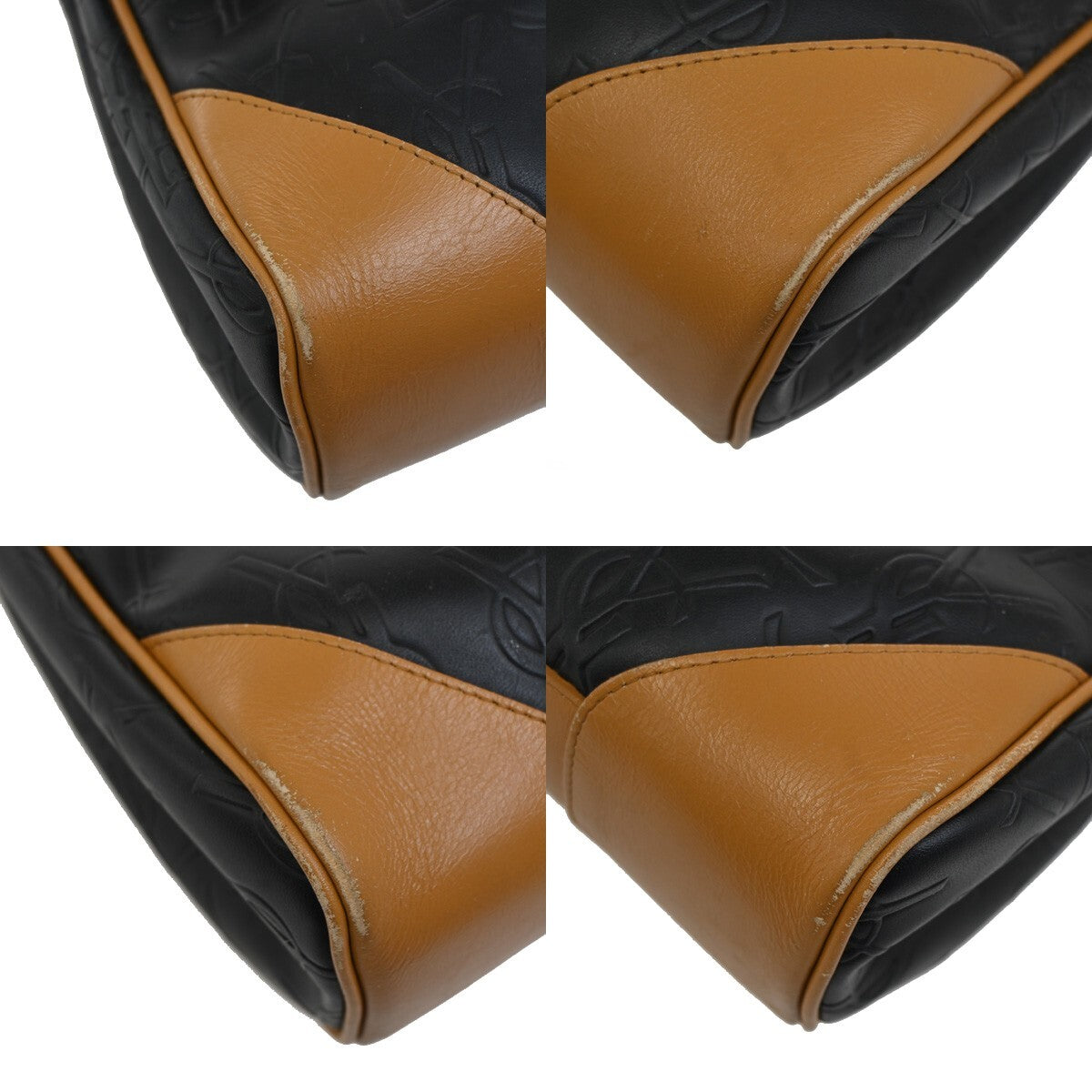 YVES SAINT LAURENT YSL Logo Hand Bag PVC Leather Black Brown Gold 03EE380