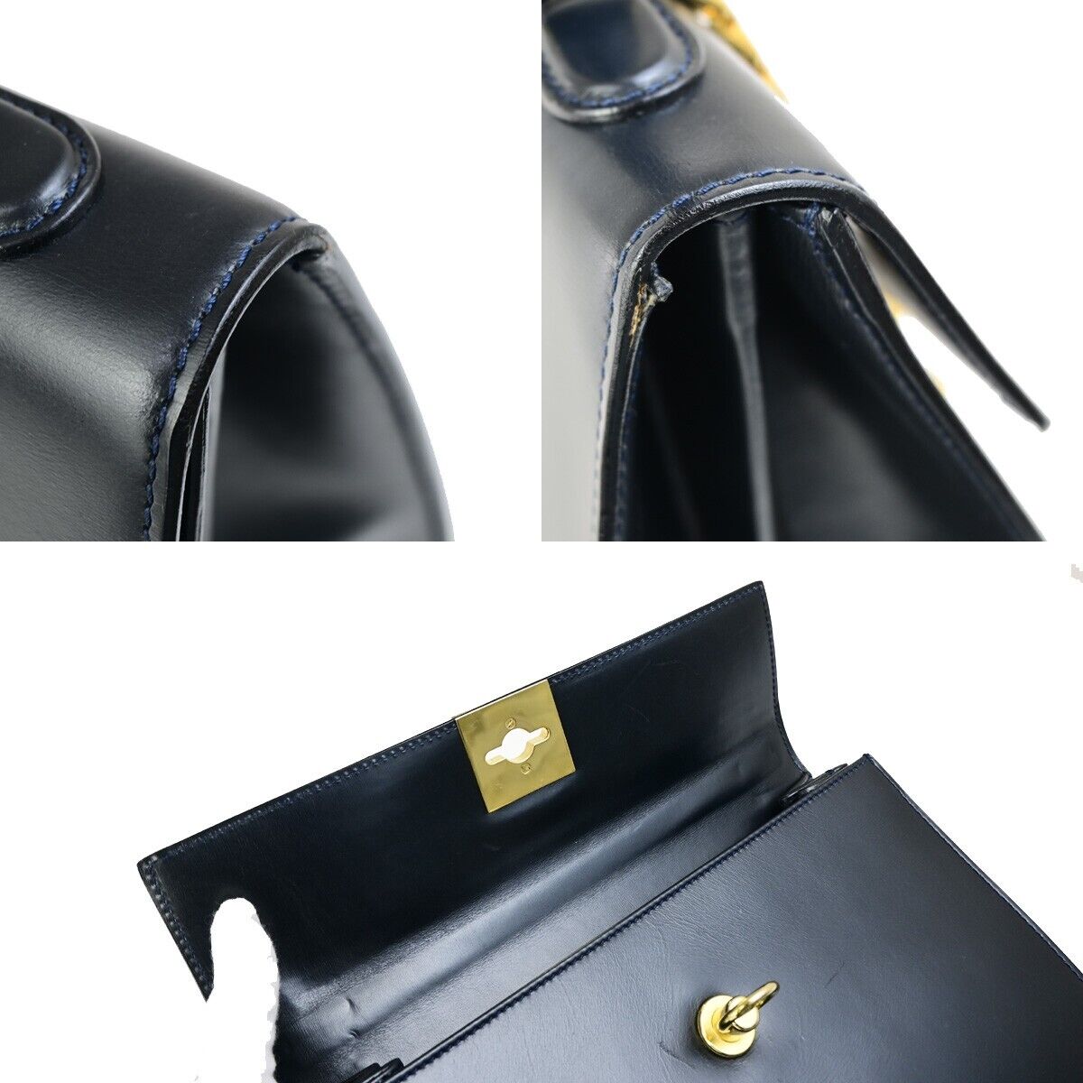 CELINE Logo Top Handle Hand Bag Leather Navy Blue GHW Made in Italy 34EC891