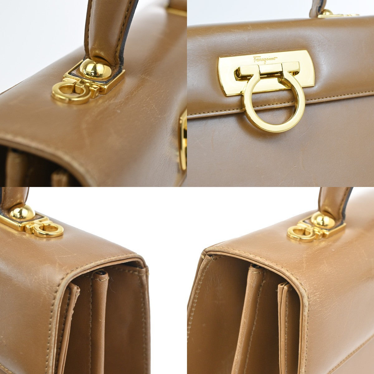 Salvatore Ferragamo Gancini Top Handle Bag Leather Brown GHW Italy 61CA782
