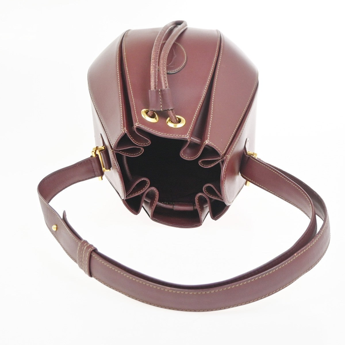 CARTIER Logo Tulip Bucket Drawstring Shoulder Bag Leather Red GHW Spain 35ZA374