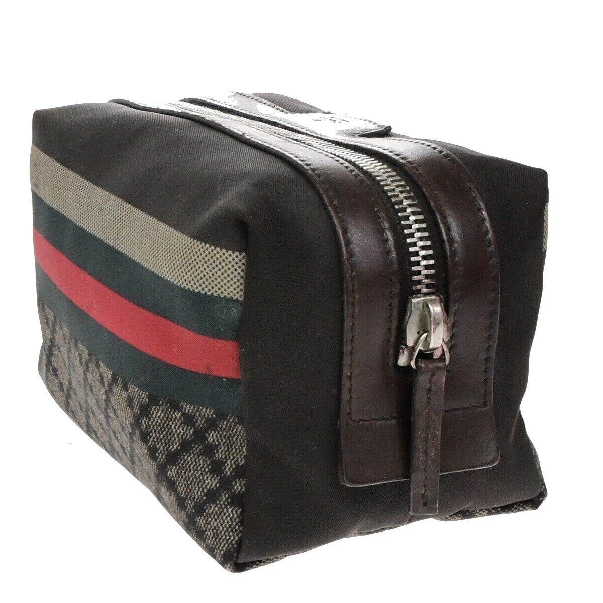 GUCCI Logo Diamante Sherry Pouch Bag Nylon Leather Brown SHW Italy 08ED673