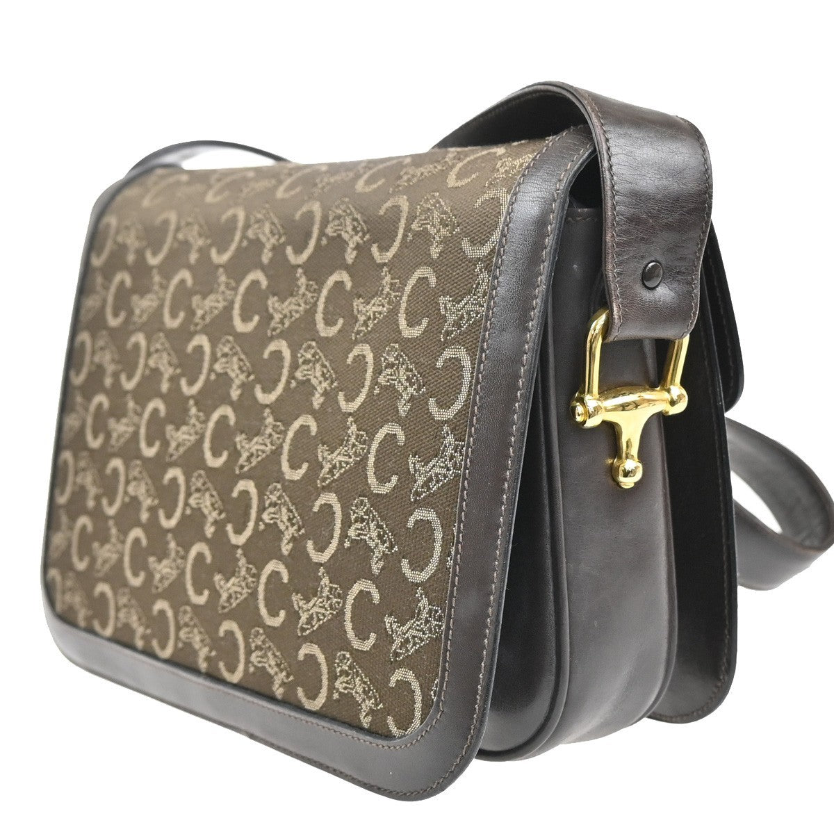 CELINE Logo C Macadam Horse Carriage Shoulder Bag Canvas Leather Brown 34KP553