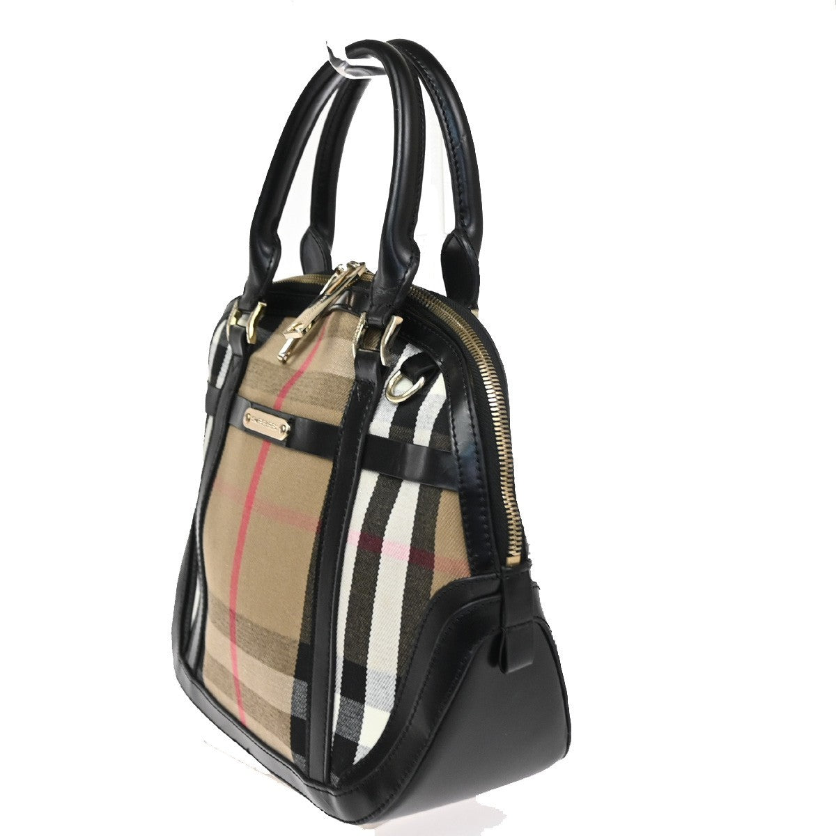 BURBERRY Logo Nova Check Pattern Hand Bag Leather Canvas Black Brown GHW 32TA663