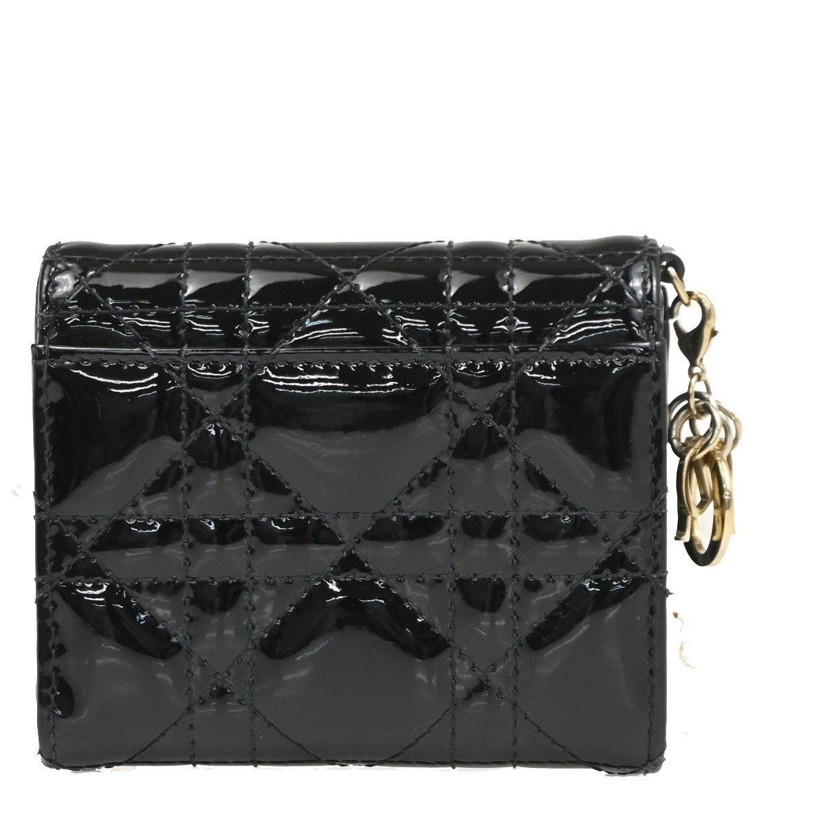 CHRISTIAN DIOR Logo Cannage Trifold Compact Wallet Patent Leather Black 34KC613