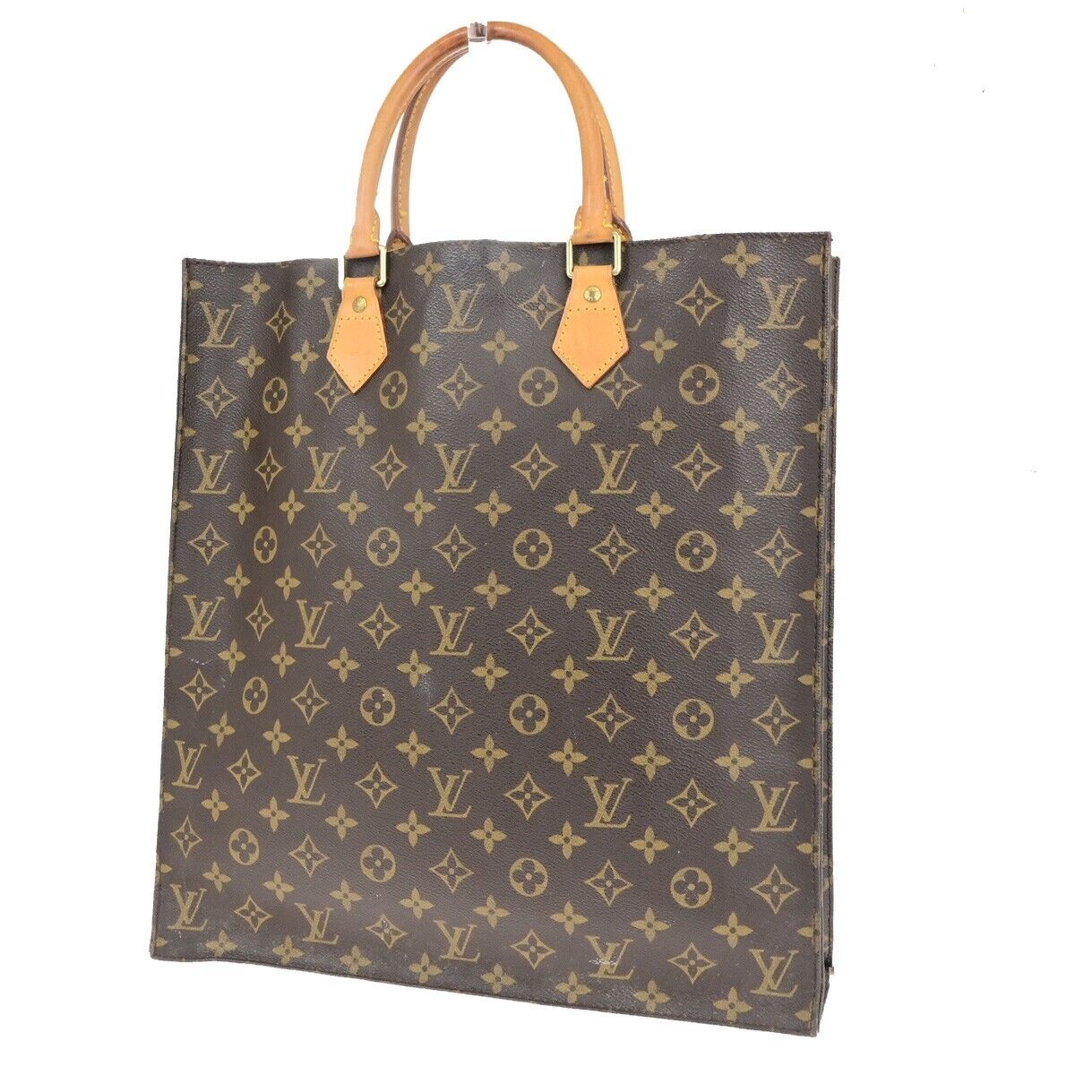 LOUIS VUITTON Logo Sac Plat Hand Tote Bag Monogram Leather Brown M51140 62ED401