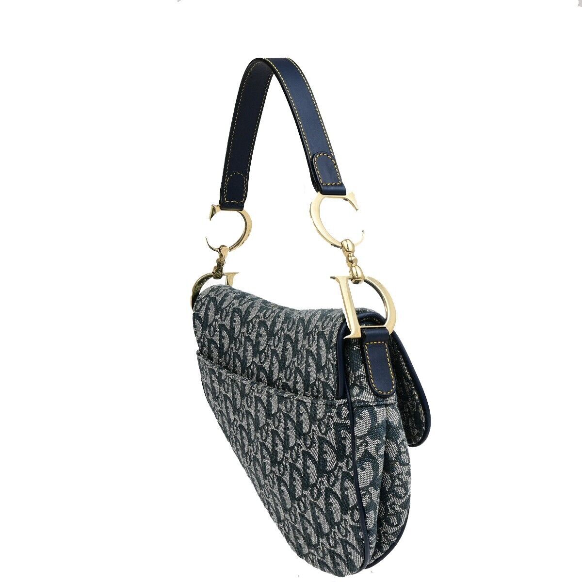 CHRISTIAN DIOR Trotter Saddle Shoulder Bag Canvas Leather Navy Blue 332RF225