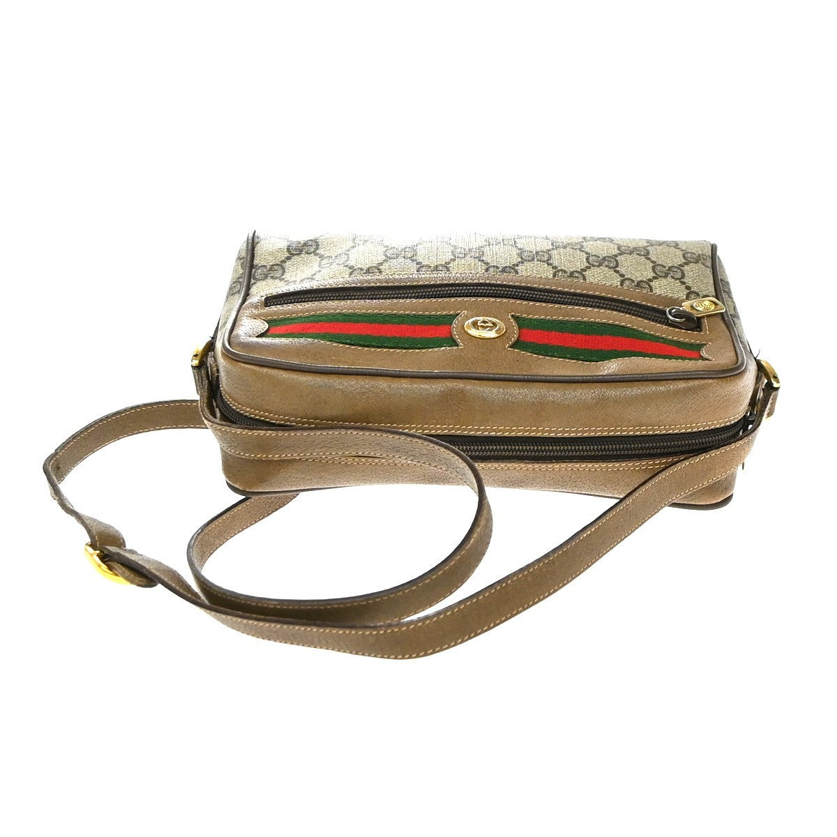 GUCCI Logo Web Sherry GG Pattern Shoulder Bag PVC Leather Brown Italy 67YJ168