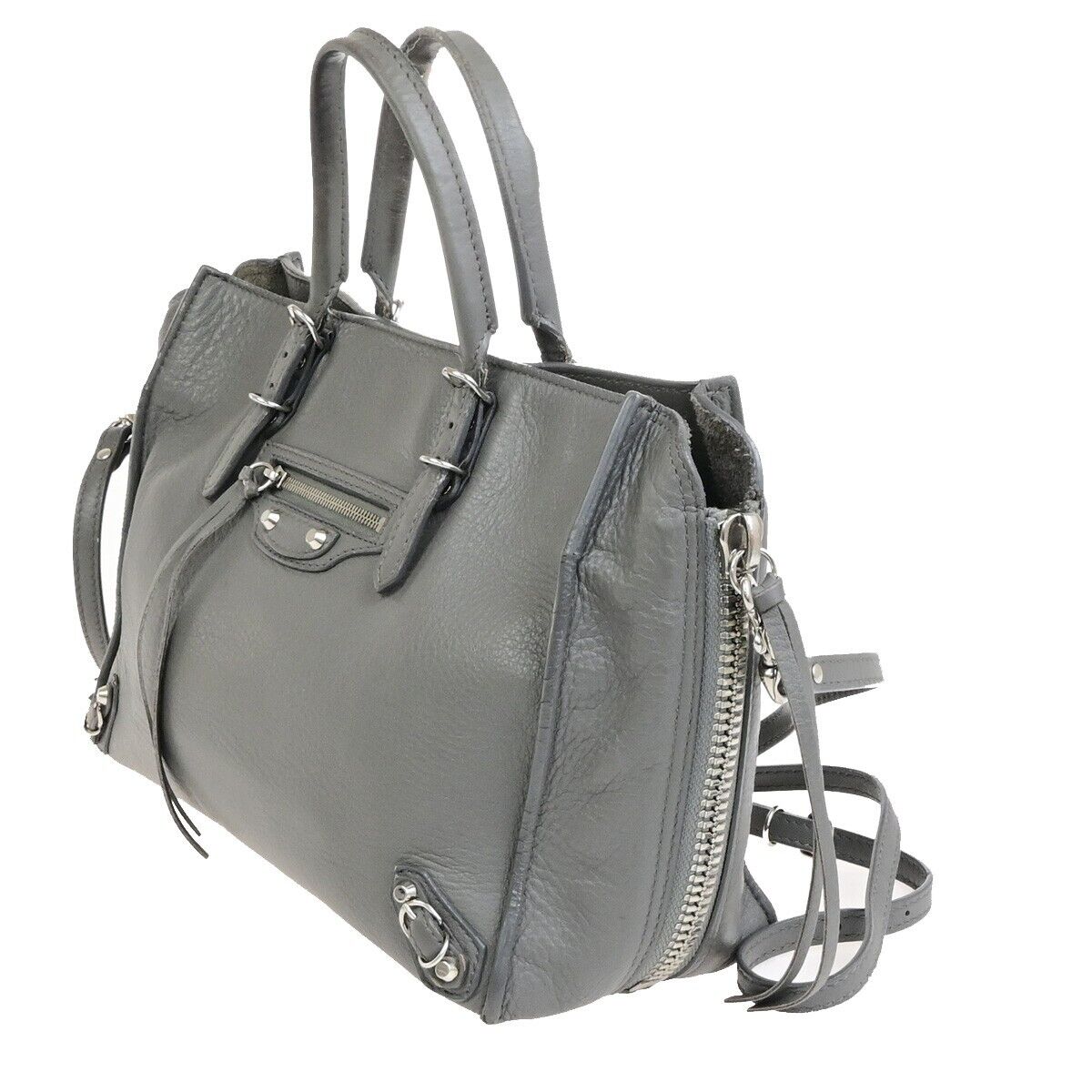 BALENCIAGA Logo Papier Mini 2Way Shoulder Hand Bag Leather Gray Italy 64ED611