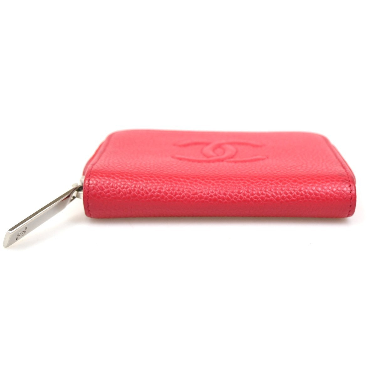 CHANEL CC Logo Zip Around Coin Wallet Grained Calfskin Leather Red Italy 87RL776