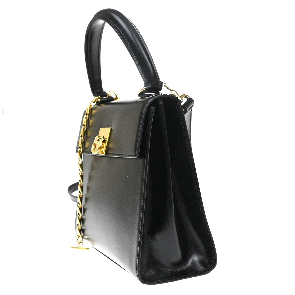 CELINE Logo Ring 2Way Shoulder Hand Bag Leather Black Italy GHW 34CA879
