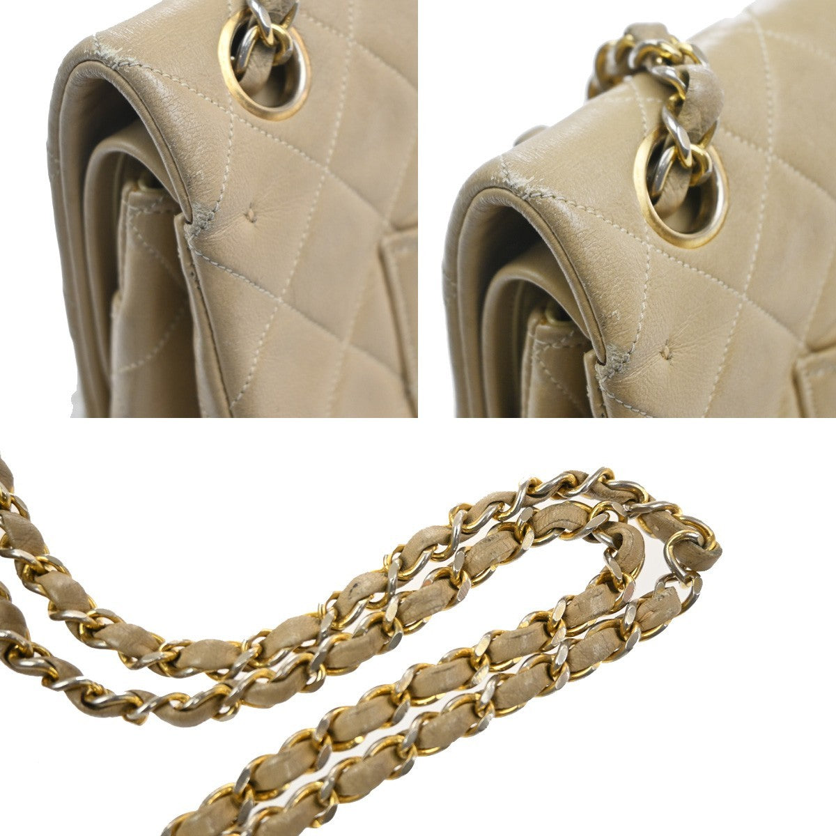 CHANEL CC Matelasse 25 Double Flap Cahin Shoulder Bag Leather Beige GHW 397RL943