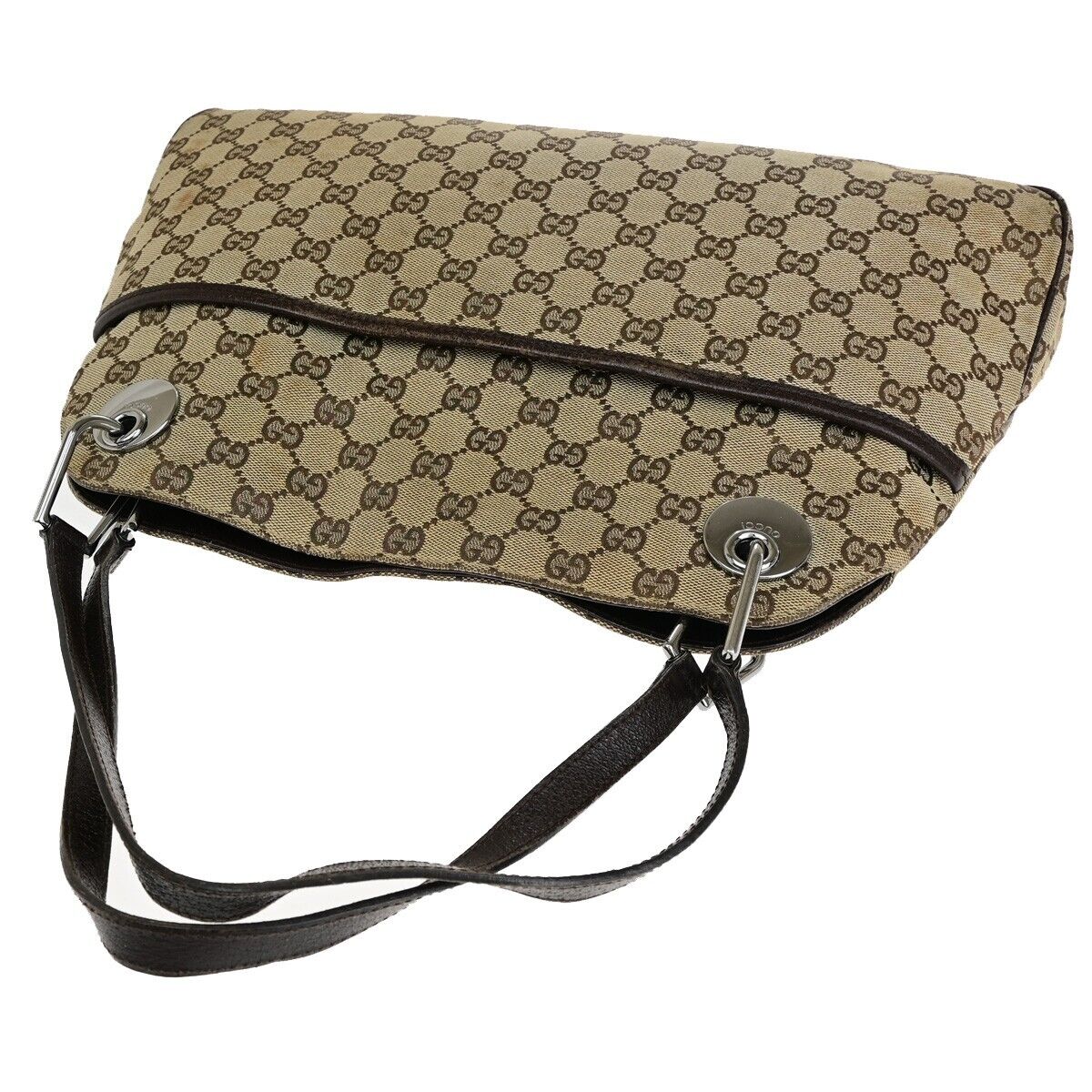 GUCCI Logo GG Pattern Shoulder Tote Bag Canvas Leather Brown GHW Italy 02EC081
