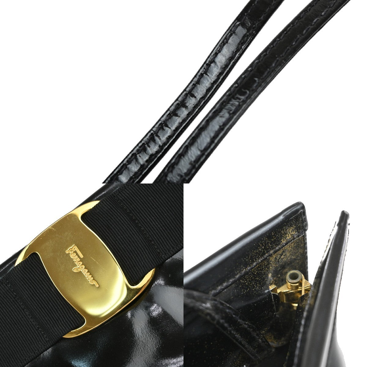 SALVATORE FERRAGAMO Vara 2Way Shoulder Clutch Bag Patent Leather Black 07KA909