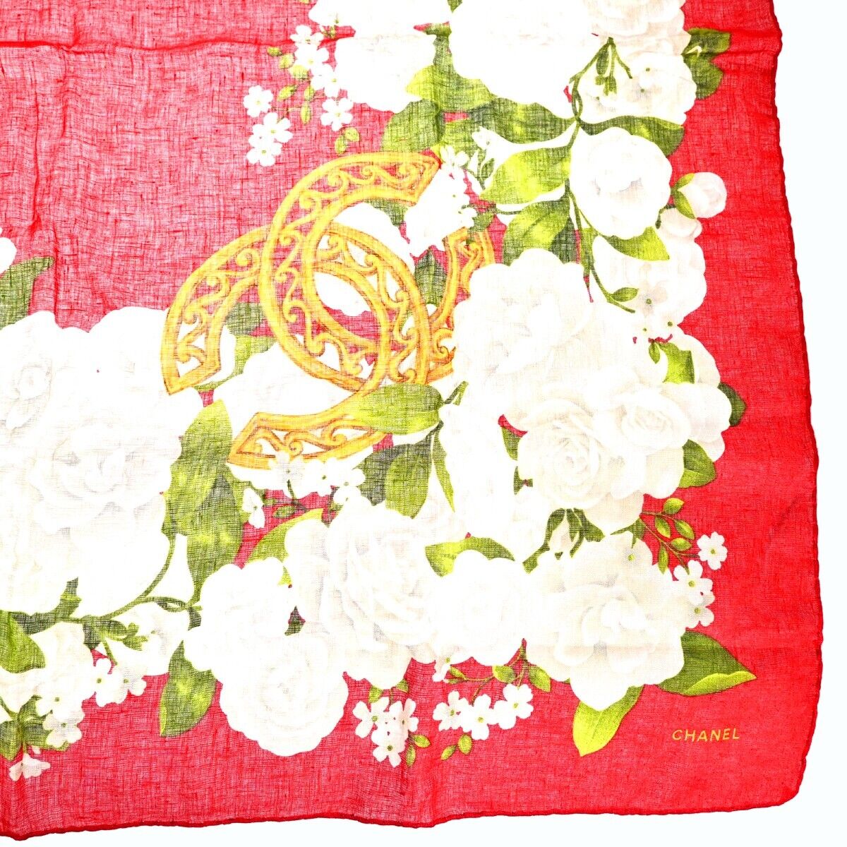 CHANEL CC Camellia XL JUMBO Scarf Handkerchief 100% Linen Red Accessory 61EA294