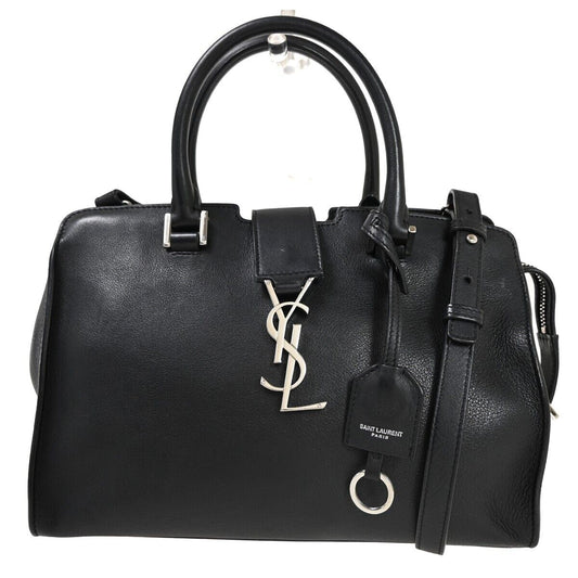 SAINT LAURENT YSL Logo Cabas 2 Way Hand Bag Leather Black Silver Italy 600RJ082