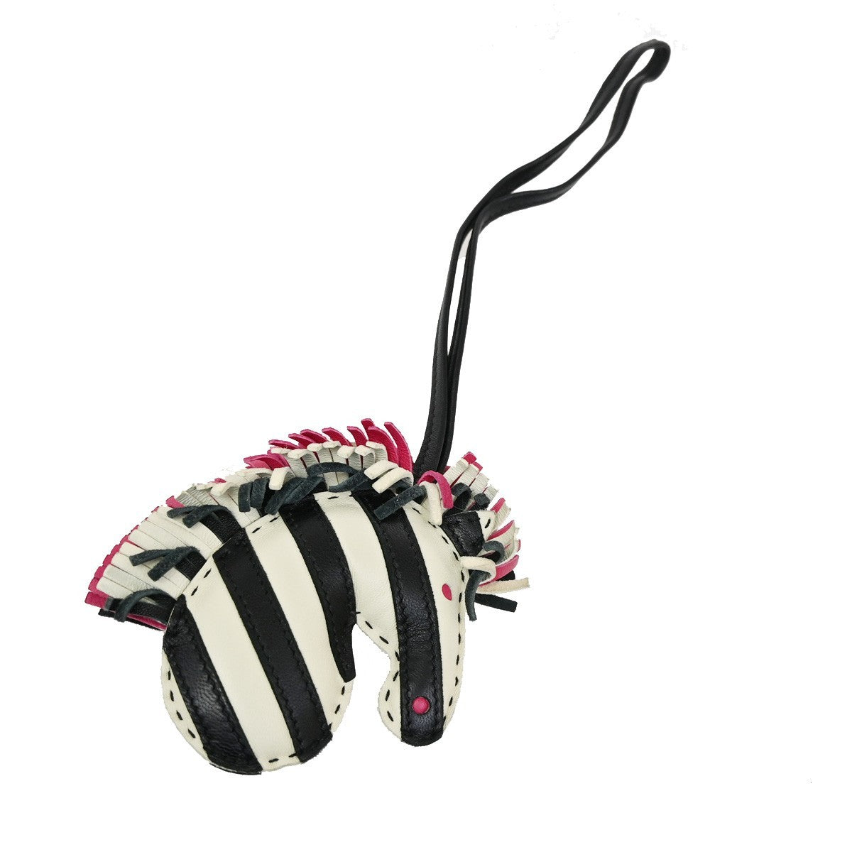 HERMES Zebra ZZ Savannah Strap Bag Charm Lambskin Leather Black White 73RL531
